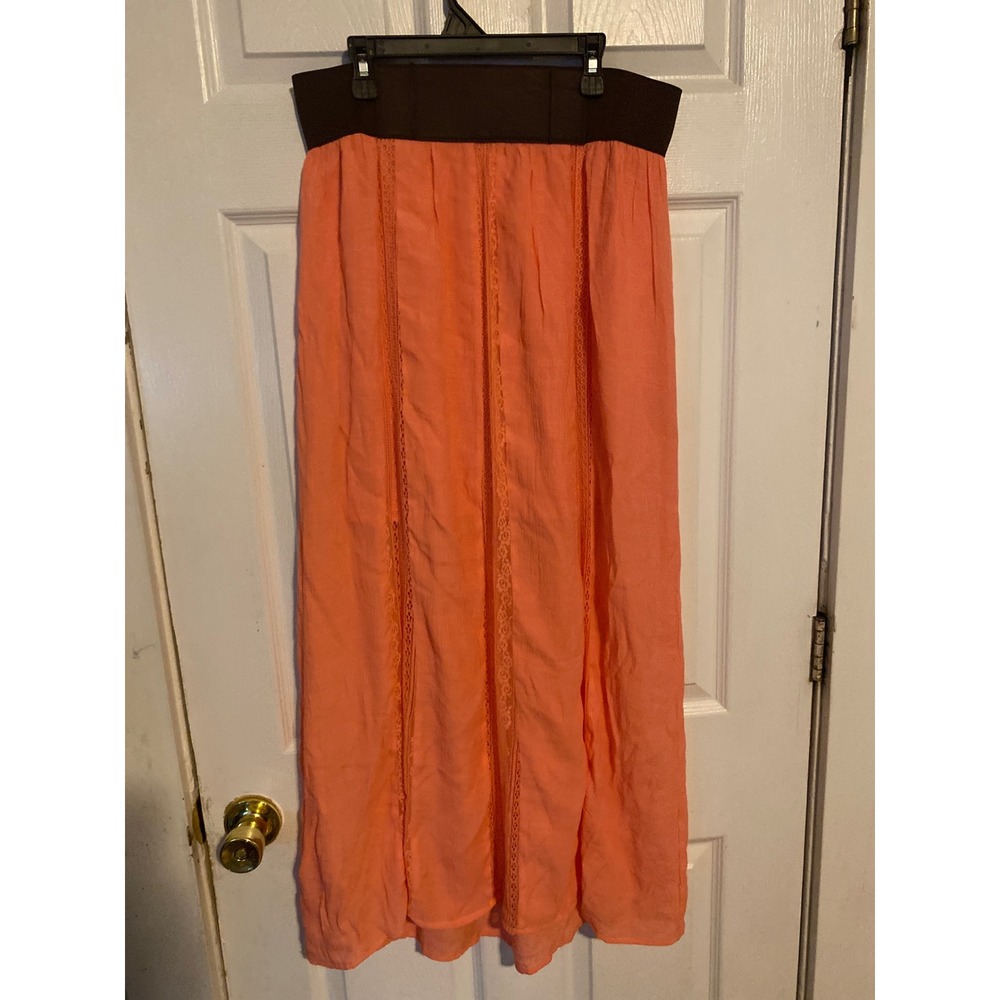 No Boundaries Coral Orange Maxi Skirt Crochet Lace Inset Elastic Waist Large